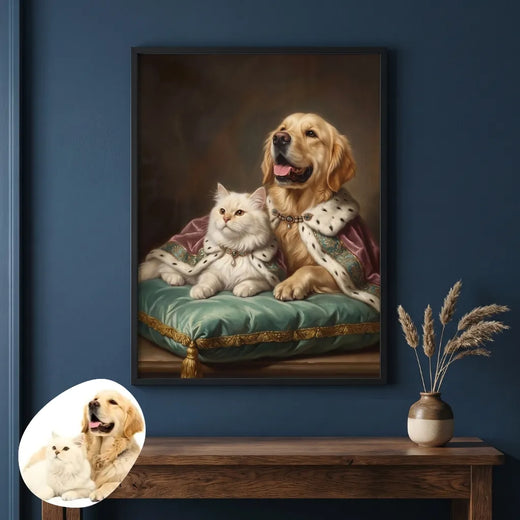 Aristocratic Custom Two Pet Portrait hanging on the wall above a console table