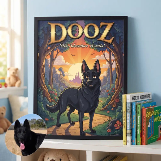 Cartoon Custom Pet Portrait on a shelf in a child's room