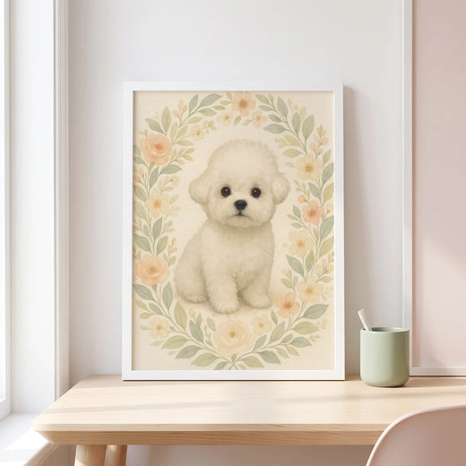 Cozy Watercolor Custom Pet Portrait propped on a desk against the wall