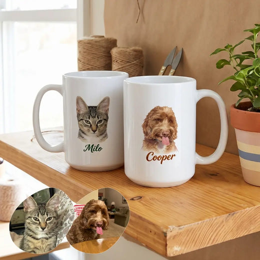 Custom Color Pencil Mug on a shelf beside a plant