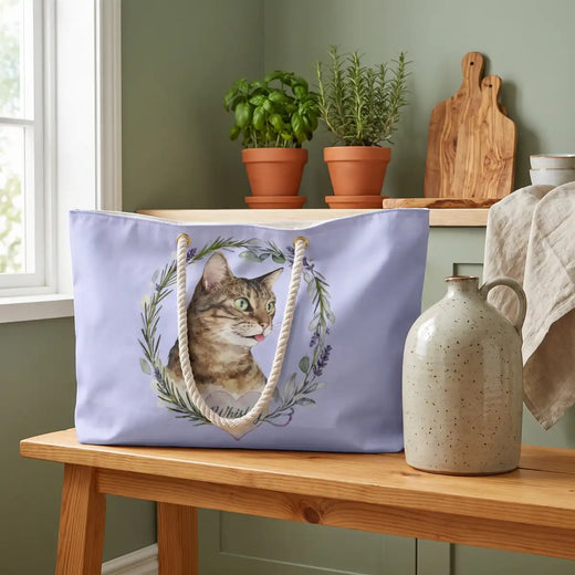 Custom Herb Wreath Weekender Bag in a styled home setting