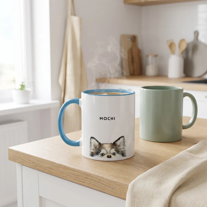 Custom Peeking Pet Colorful Mug on a kitchen counter in the morning light
