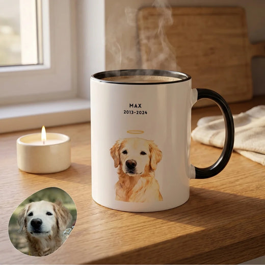 Custom Pet Memorial Mug on a kitchen counter in the morning light