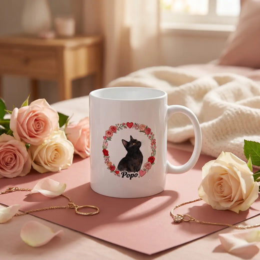Custom Rose Wreath Mug in a styled home setting