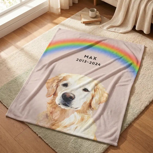 Memorial Custom Pet Blanket with Rainbow spread out on the floor