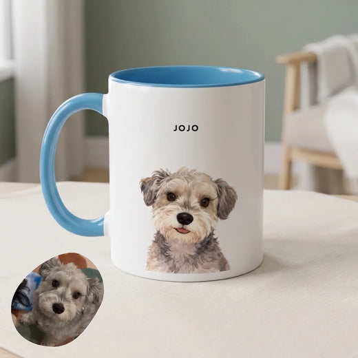 Modern Custom Pet Colorful Mug photographed on a soft cloth surface