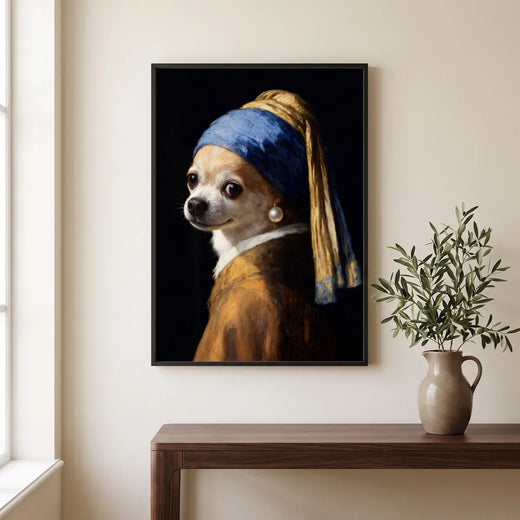 Pearl Earring Custom Pet Portrait hanging on the wall above a console table
