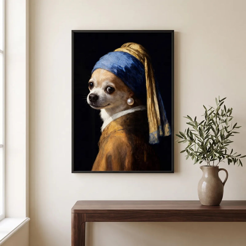 Pearl Earring Custom Pet Portrait hanging on the wall above a console table
