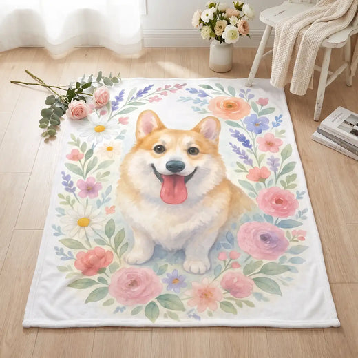 Spring Floral Custom Pet Blanket photographed flat from above on linen