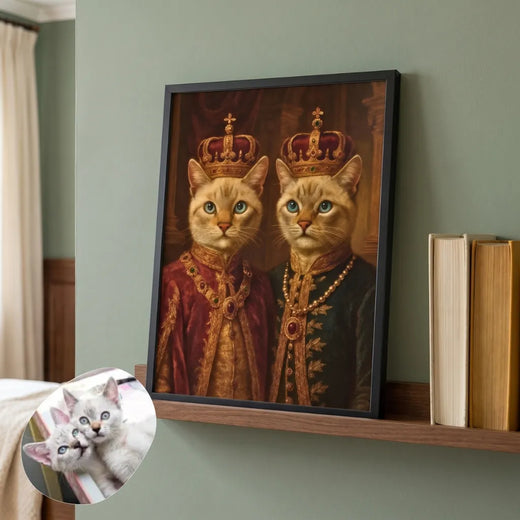 Vintage Royal Custom Two Pet Portrait resting on a picture ledge