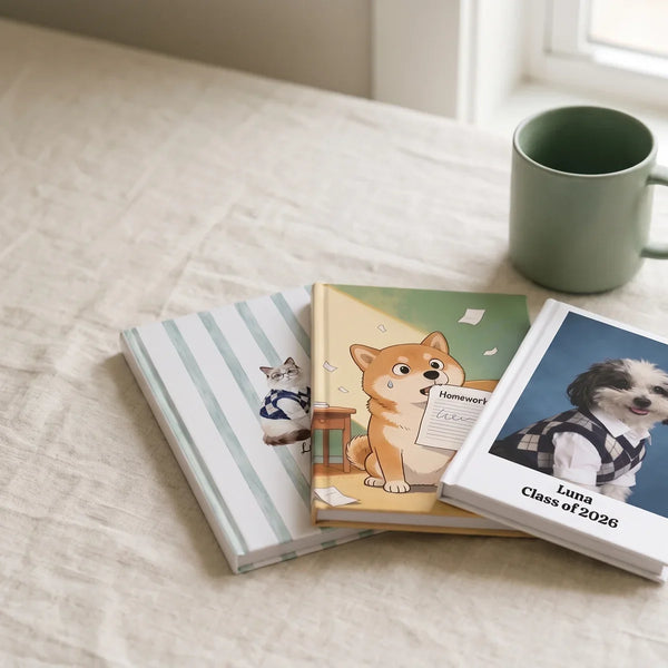 Three Back to School pet designs on linen: a striped watercolor notebook, a homework eaten notebook and a framed yearbook portrait
