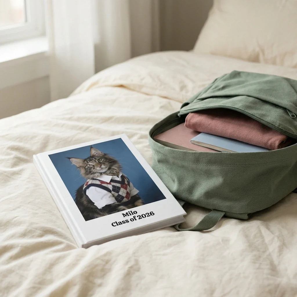 A notebook printed with a pet portrait resting on a bed next to a packed backpack