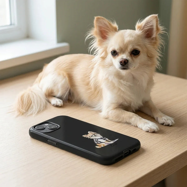 A long haired chihuahua lying on a bed next to a phone case printed with a pet portrait