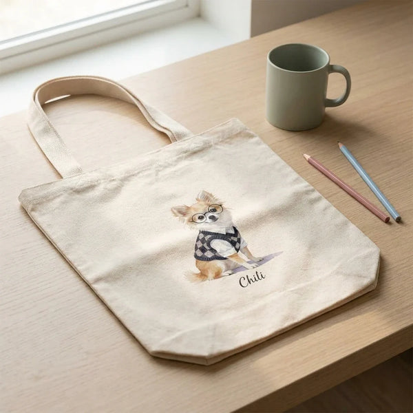 A canvas tote bag printed with a watercolor pet portrait hanging on a chair beside colored pencils