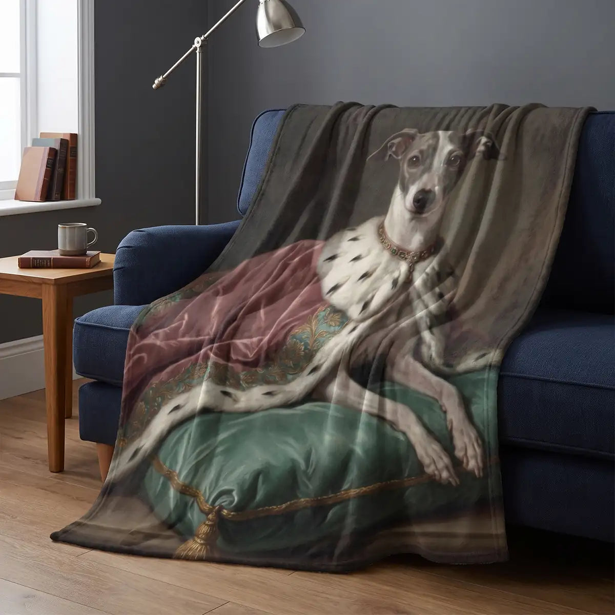 Aristocratic Custom Pet Blanket draped over a sofa