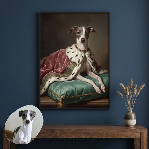Aristocratic Custom Pet Portrait hanging on the wall above a console table