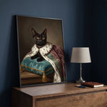 Aristocratic Custom Pet Portrait beside a bed on a bedside table