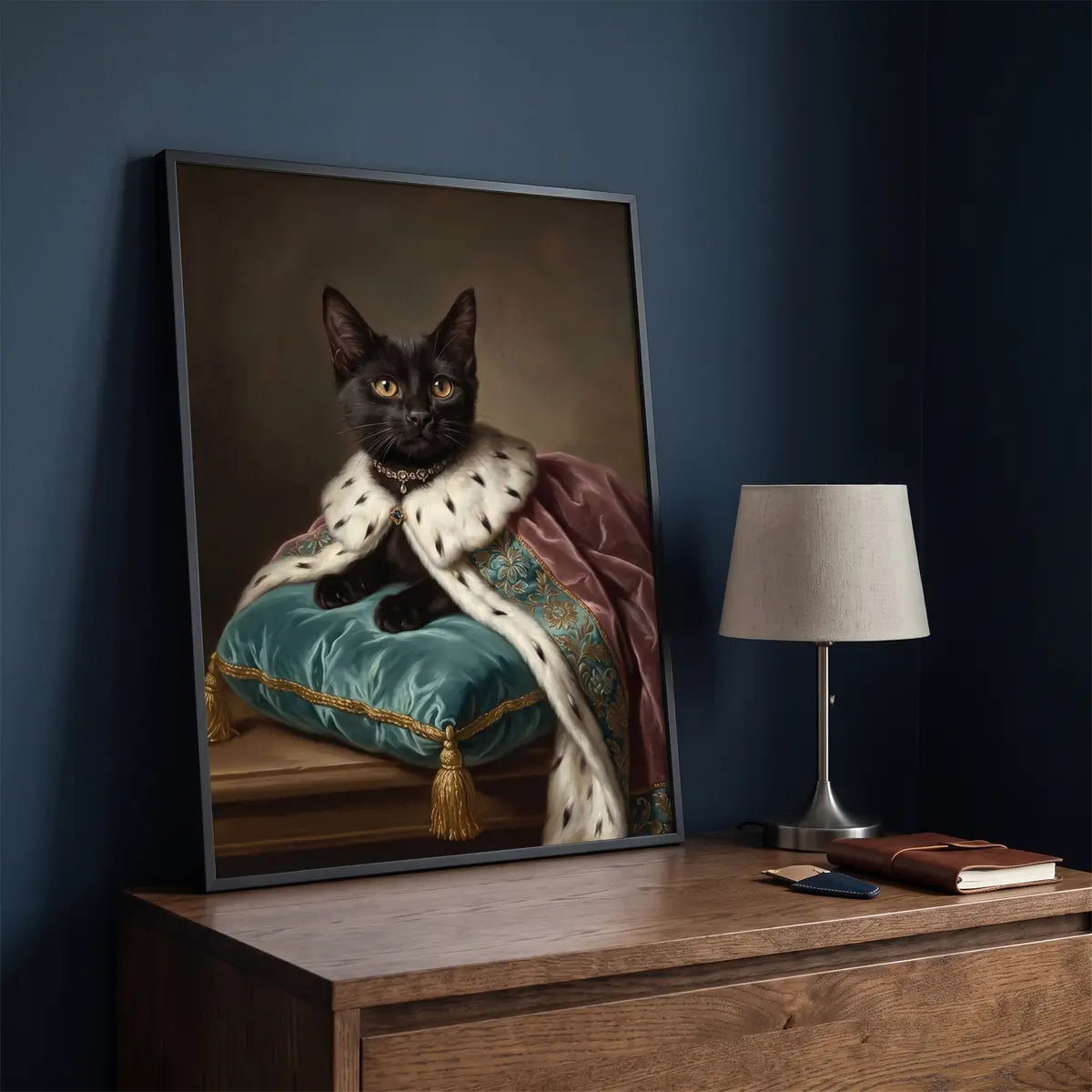 Aristocratic Custom Pet Portrait beside a bed on a bedside table