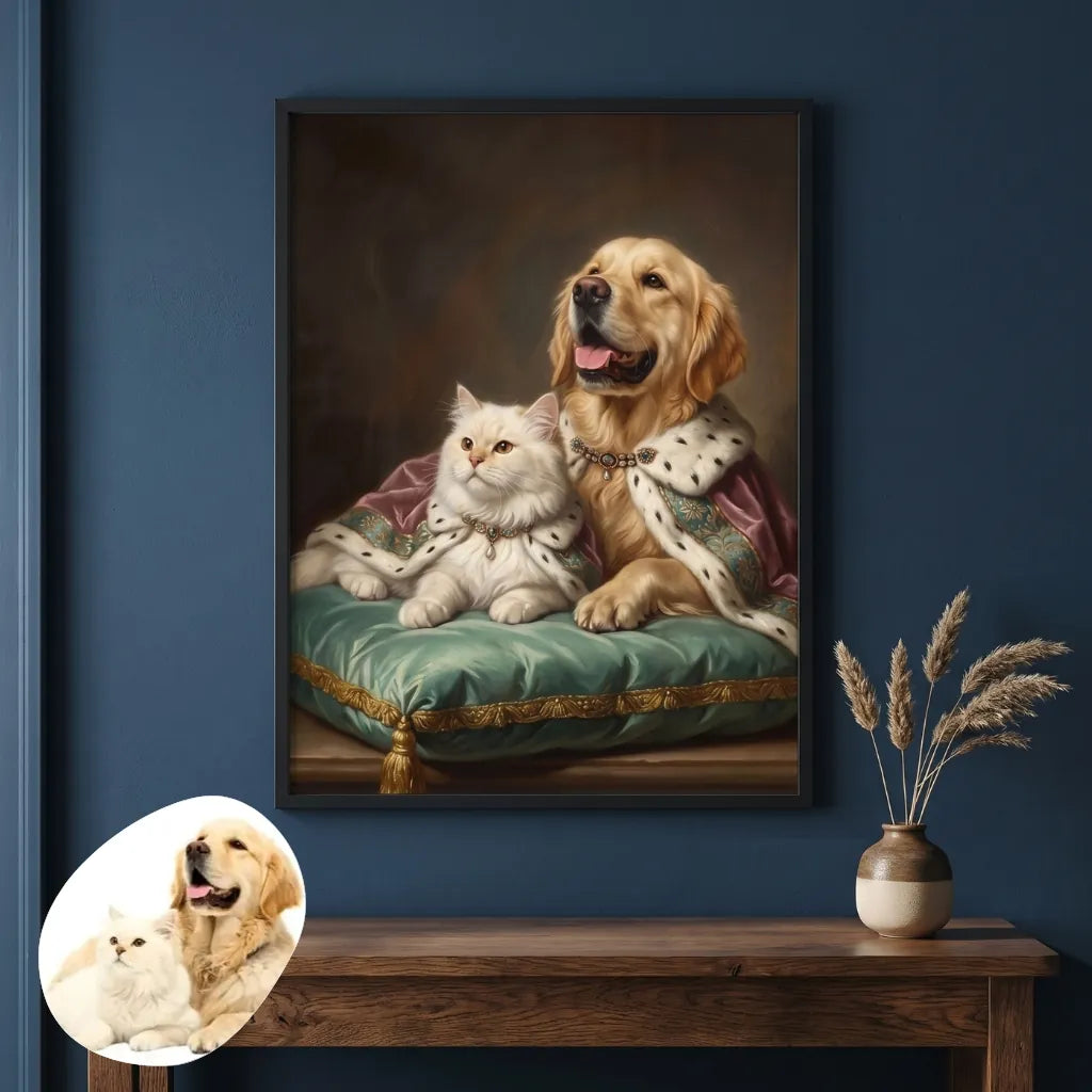Aristocratic Custom Two Pet Portrait hanging on the wall above a console table