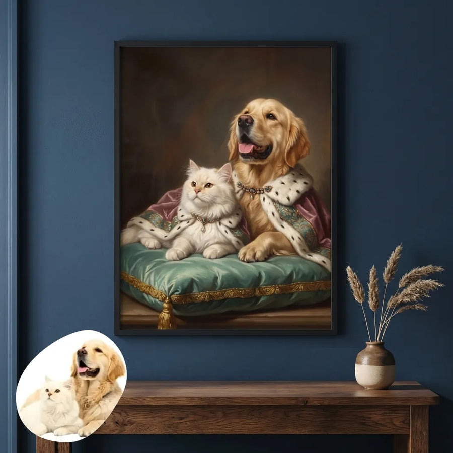 Aristocratic Custom Two Pet Portrait hanging on the wall above a console table