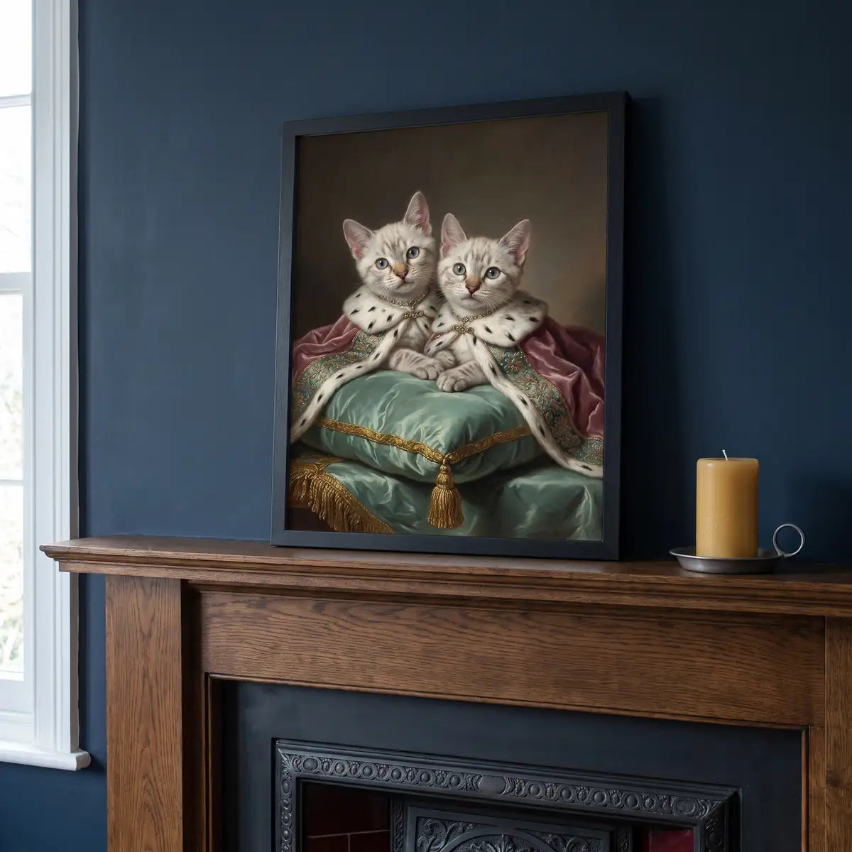 Aristocratic Custom Two Pet Portrait resting on a mantelpiece
