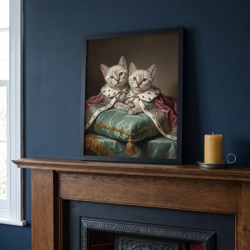 Aristocratic Custom Two Pet Portrait resting on a mantelpiece