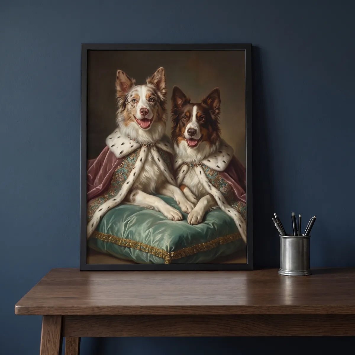 Aristocratic Custom Two Pet Portrait propped on a desk against the wall