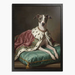 Renaissance-style oil painting of a gray-and-white whippet in an ermine robe and jeweled collar on a green silk cushion, in a black frame.