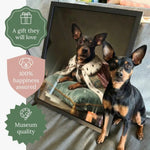A framed royal pet portrait of one black-and-tan miniature pinscher propped on a couch beside the real dog; badges read "A gift they will love", "100% happiness assured" and "Museum quality".