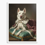 Renaissance-style oil painting of a white shepherd dog in an ermine robe and jeweled collar on a green silk cushion, in a white frame.