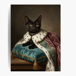 Unframed Renaissance-style oil-painting print of a black cat in an ermine robe and jeweled collar on a green silk cushion.