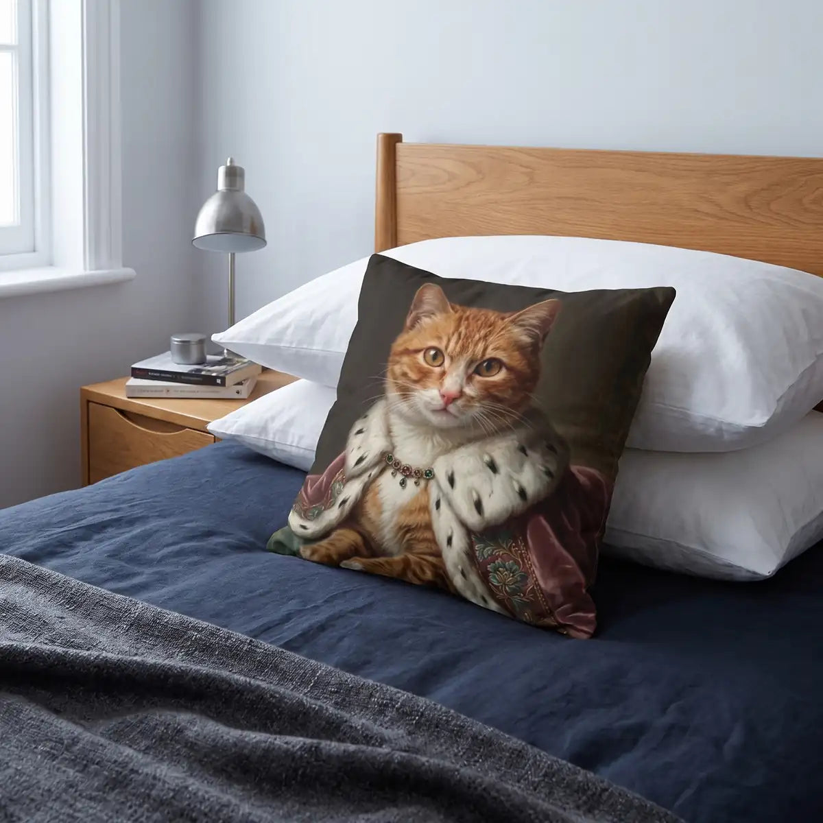Aristocratic Throw Pillow 18"X18" resting against the pillows on a bed
