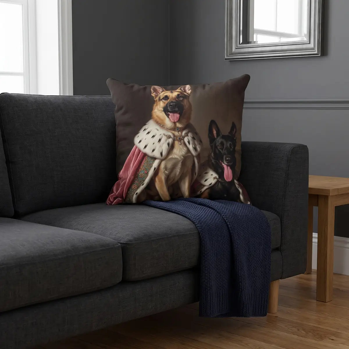 Aristocratic Throw Pillow 18"X18" propped in the corner of a sofa