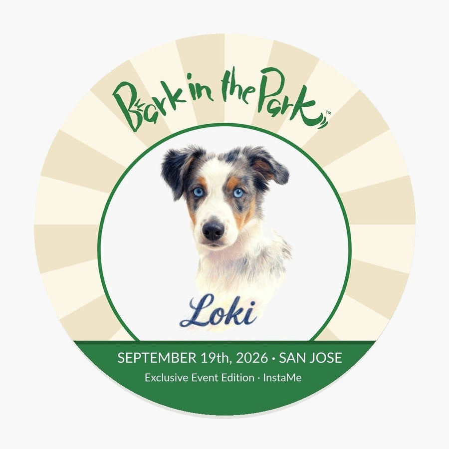 Bark in the Park pet coaster showing a colored pencil portrait of a dog named Loki inside the Bark in the Park San Jose event badge