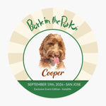 Bark in the Park pet coaster showing a colored pencil portrait of a dog named Cooper inside the Bark in the Park San Jose event badge