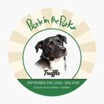 Bark in the Park pet coaster showing a colored pencil portrait of a dog named Truffle inside the Bark in the Park San Jose event badge