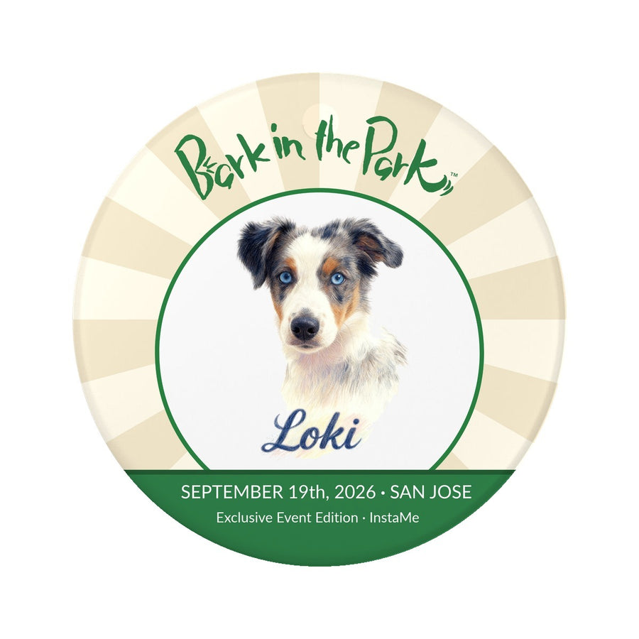 Bark in the Park pet keychain showing a colored pencil portrait of a dog named Loki inside the Bark in the Park San Jose event badge
