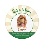 Bark in the Park pet keychain showing a colored pencil portrait of a dog named Cooper inside the Bark in the Park San Jose event badge