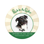 Bark in the Park pet keychain showing a colored pencil portrait of a dog named Truffle inside the Bark in the Park San Jose event badge