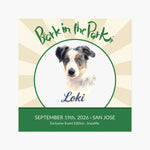 Bark in the Park pet magnet showing a colored pencil portrait of a dog named Loki inside the Bark in the Park San Jose event badge