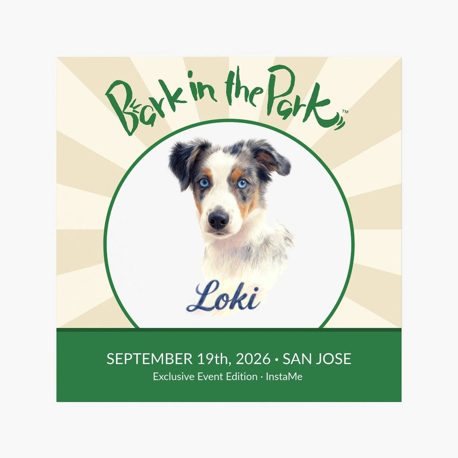 Bark in the Park pet magnet showing a colored pencil portrait of a dog named Loki inside the Bark in the Park San Jose event badge