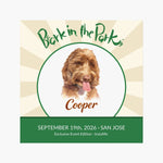 Bark in the Park pet magnet showing a colored pencil portrait of a dog named Cooper inside the Bark in the Park San Jose event badge