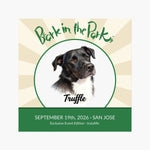 Bark in the Park pet magnet showing a colored pencil portrait of a dog named Truffle inside the Bark in the Park San Jose event badge