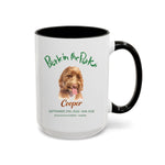 Bark in the Park 15 oz mug in Black, showing a colored pencil portrait of a dog named Cooper beneath the Bark in the Park San Jose event wordmark
