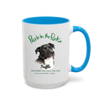 Bark in the Park 15 oz mug in Light Blue, showing a colored pencil portrait of a dog named Truffle beneath the Bark in the Park San Jose event wordmark