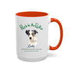 Bark in the Park 15 oz mug in Orange, showing a colored pencil portrait of a dog named Loki beneath the Bark in the Park San Jose event wordmark