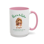 Bark in the Park 15 oz mug in Pink, showing a colored pencil portrait of a dog named Cooper beneath the Bark in the Park San Jose event wordmark