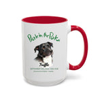 Bark in the Park 15 oz mug in Red, showing a colored pencil portrait of a dog named Truffle beneath the Bark in the Park San Jose event wordmark