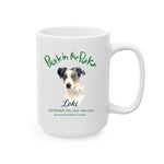 Bark in the Park 15 oz mug in White, showing a colored pencil portrait of a dog named Loki beneath the Bark in the Park San Jose event wordmark