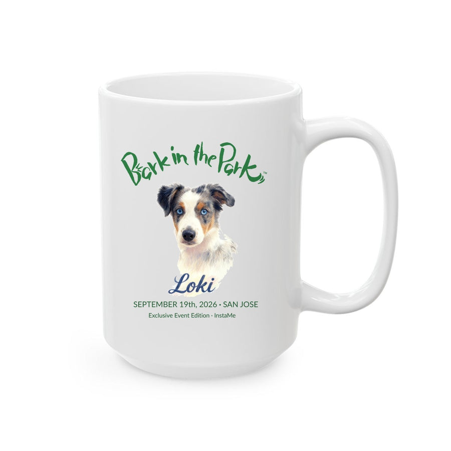 Bark in the Park 15 oz mug in White, showing a colored pencil portrait of a dog named Loki beneath the Bark in the Park San Jose event wordmark